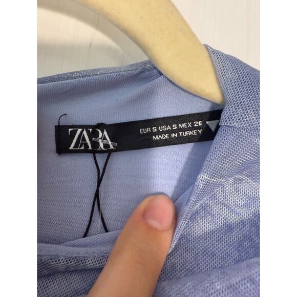 ZARA One Sleeve Asymmetrical Tulle Mesh Lined Midi Dress Blue Size Small - Picture 8 of 8